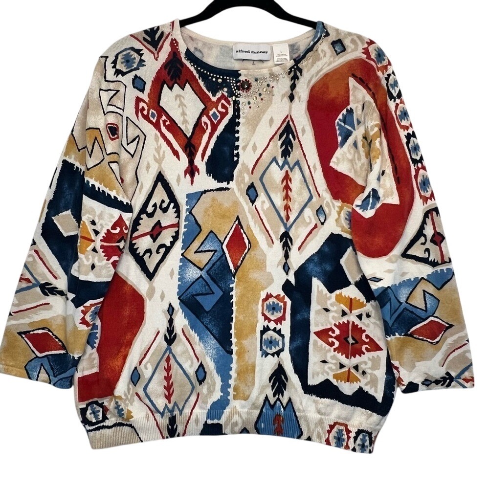 Alfred‎ Dunner L Sweater Southwest Design Embellished 3/4 Sleeves